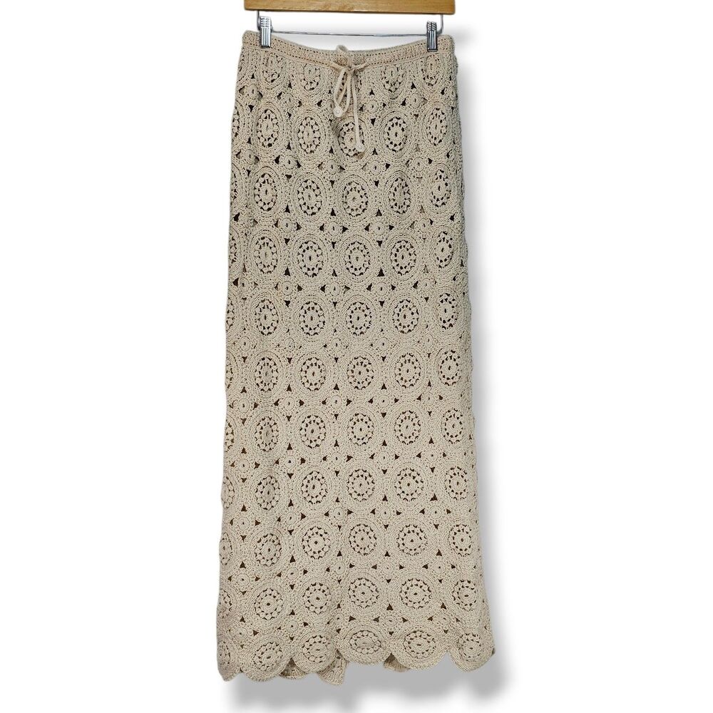 Solitaire Crochet Column Midi Skirt Ivory Cream Open Work Knit Slit Size L